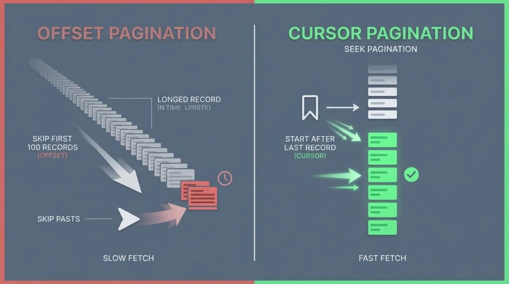 Offset vs cursor based pagination performance comparison