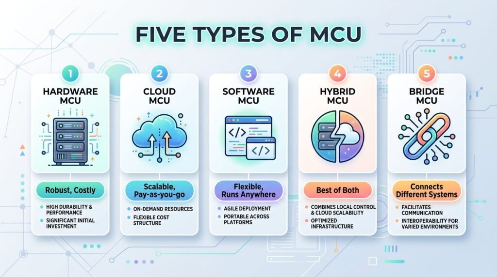 Five types of multipoint control units: hardware, cloud, software, hybrid, and bridge MCUs